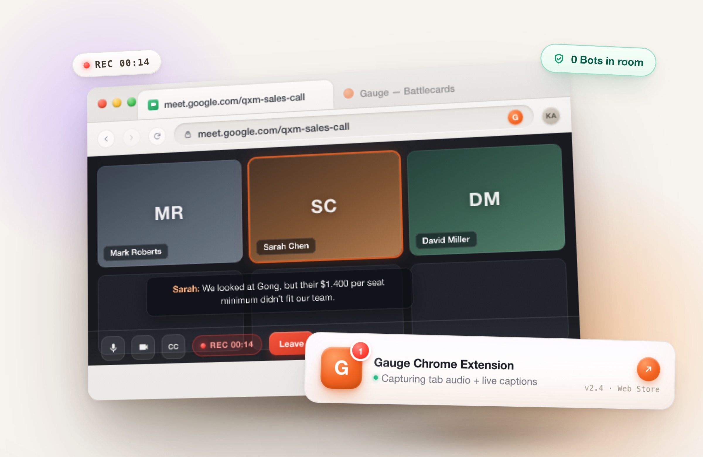 Gauge Chrome extension capturing a Google Meet sales call with zero bots in the room