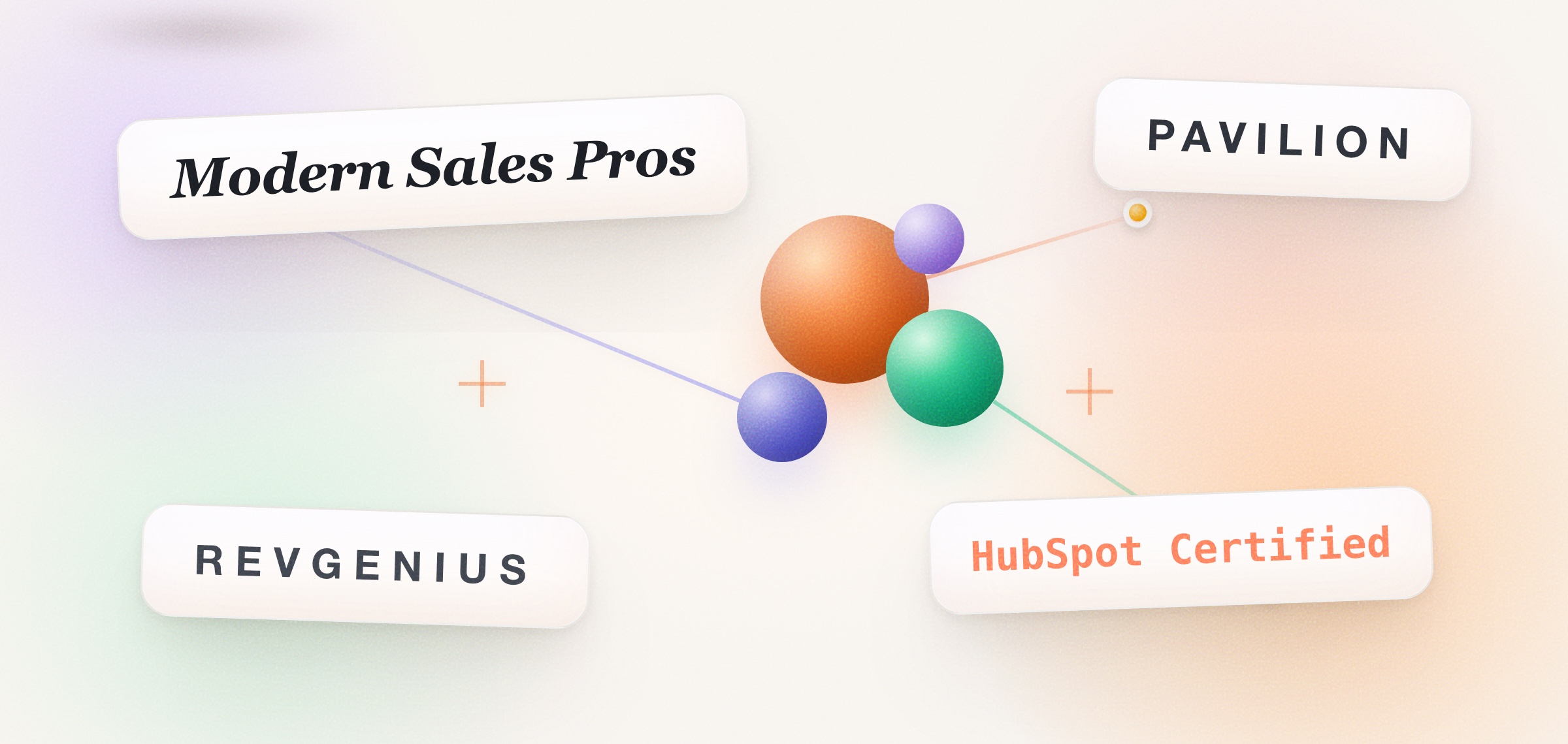 3D render: community wordmarks — Modern Sales Pros, Pavilion, RevGenius, HubSpot Certified — orbiting a glowing network core