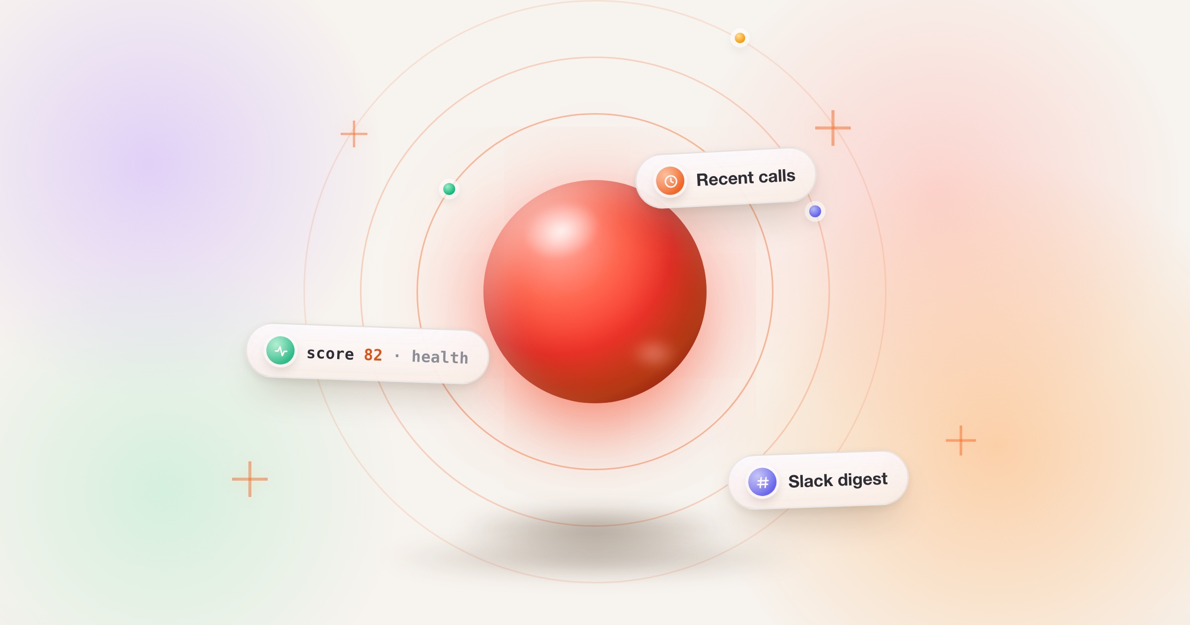 A large glossy red record button with orbiting chips for recent calls, the health score, and the Slack digest