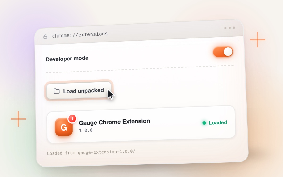 chrome://extensions with Developer mode toggled on and the Gauge extension loaded unpacked