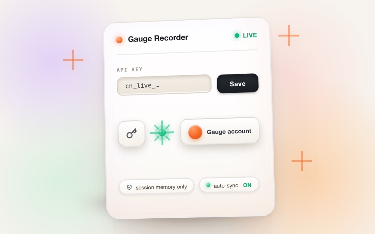 The Gauge Recorder side panel saving an API key and connecting to the Gauge account