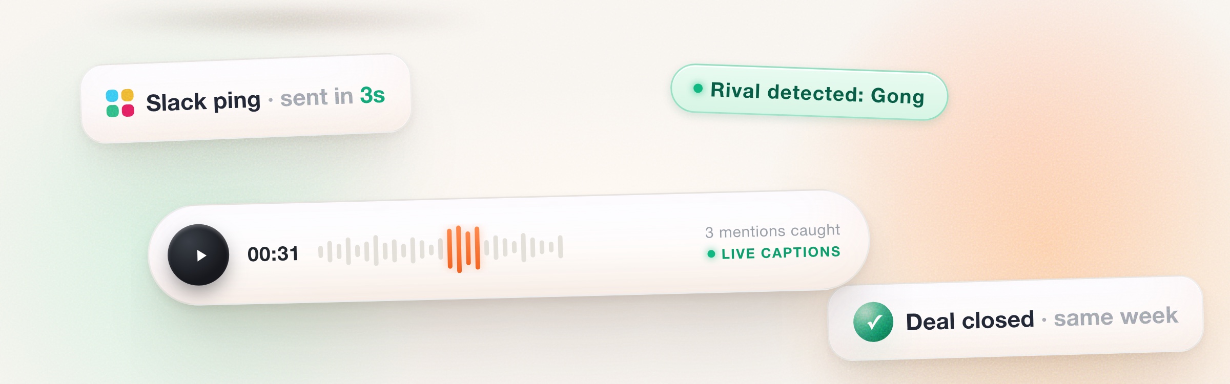 Live call capture catching a competitor mention, an instant Slack ping in 3 seconds, and a deal closed the same week