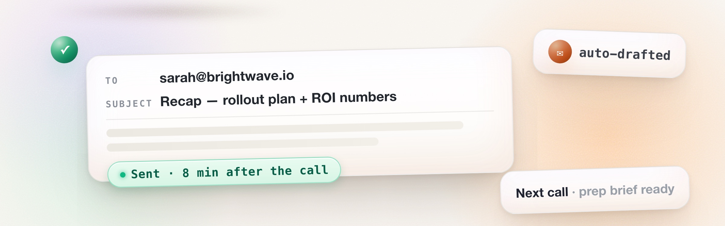Follow-up email auto-drafted from the call and sent 8 minutes after hang-up — subject line reads Recap, rollout plan plus ROI numbers