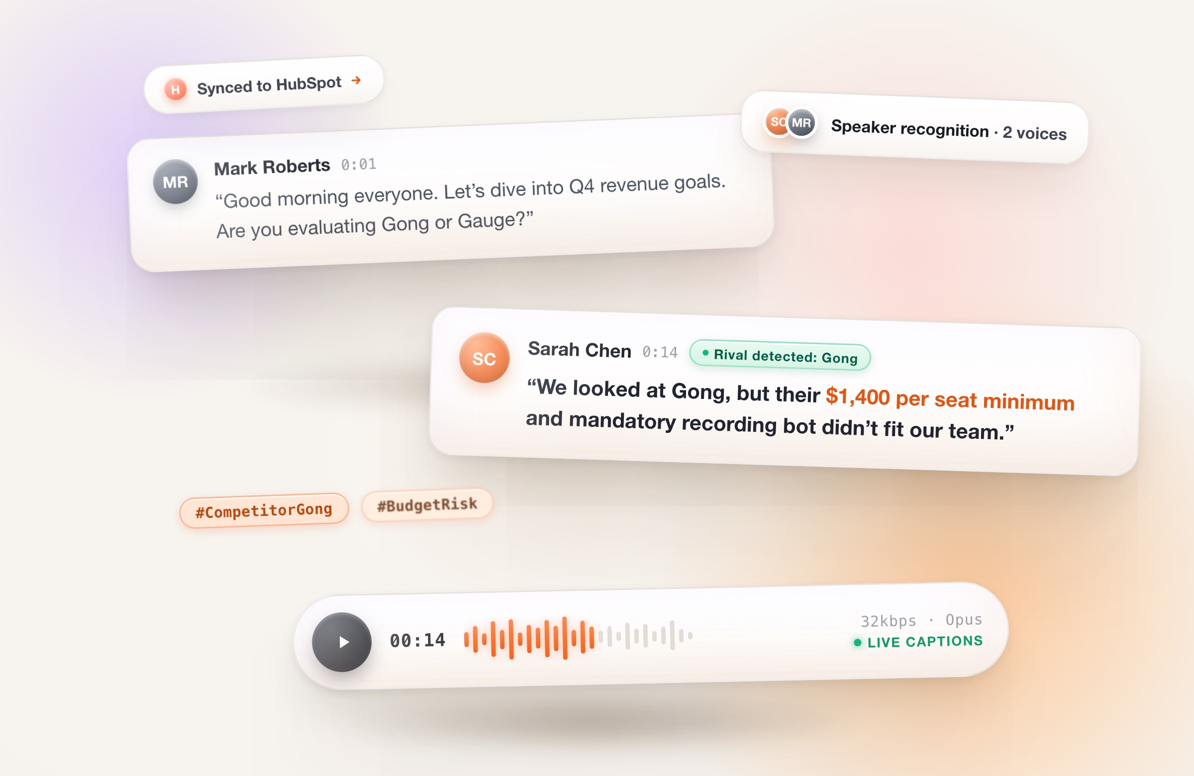 Live transcript with speaker recognition, a detected competitor tag for Gong, and synced CRM notes